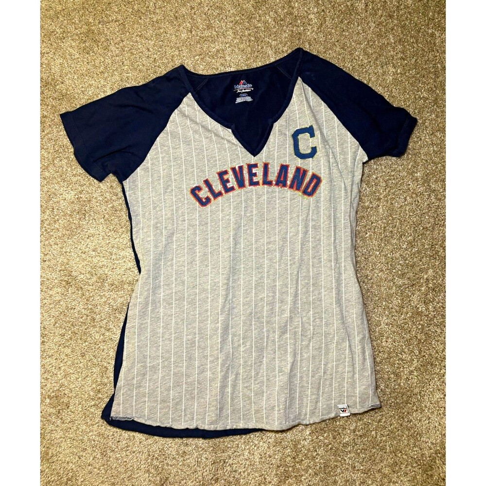 Majestic Cleveland Guardians MLB Baseball Pinstripe Shirt Gray/Blue Size L/G